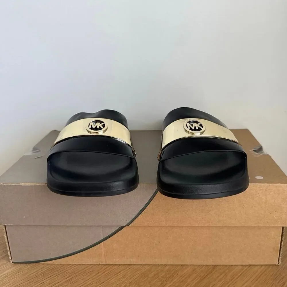 Michael Kors Jett Black/Gold Women Slide Sandals- SZ 8
